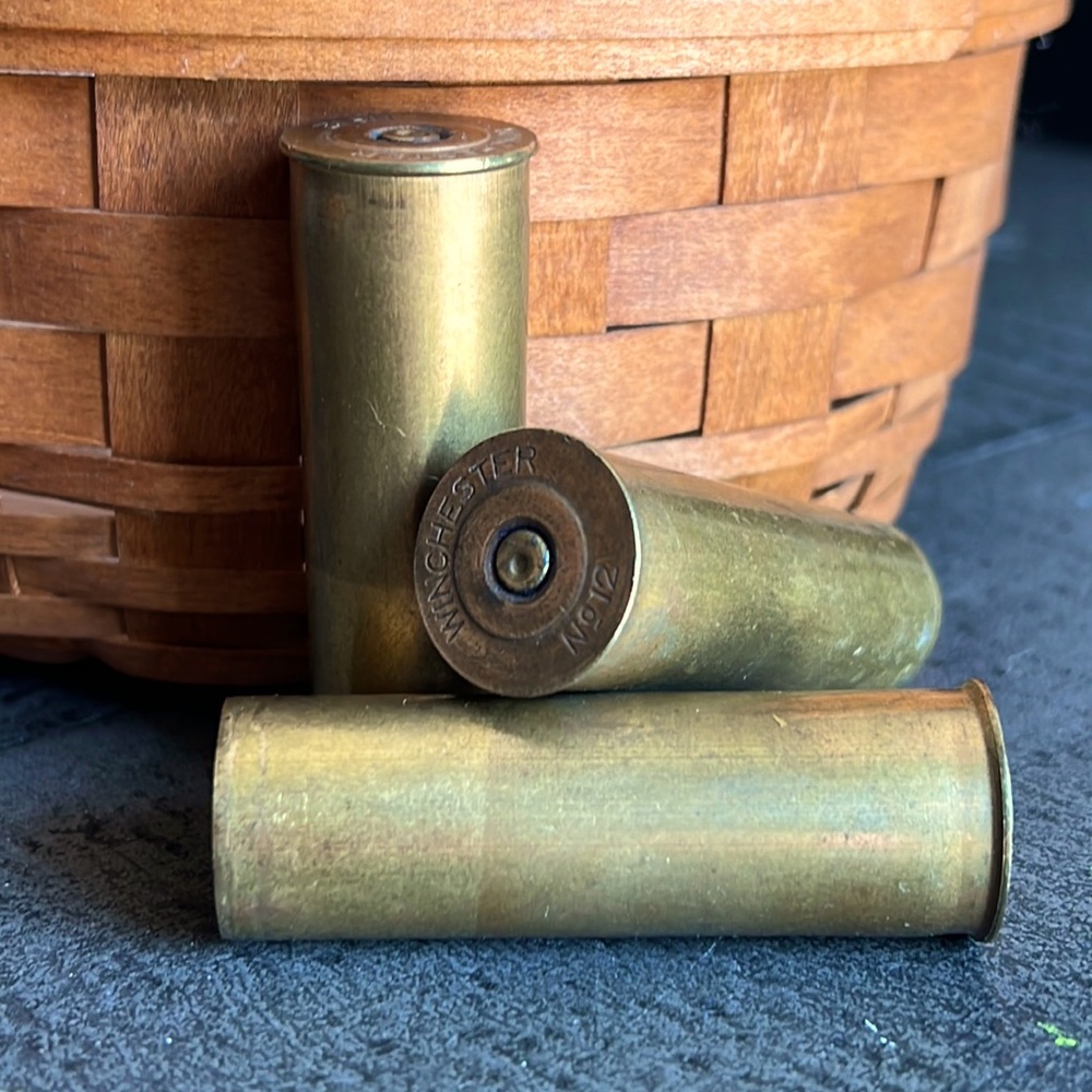 3 Rare Winchester No12  (empty) Solid Brass Shotgun Shells for Neckla…